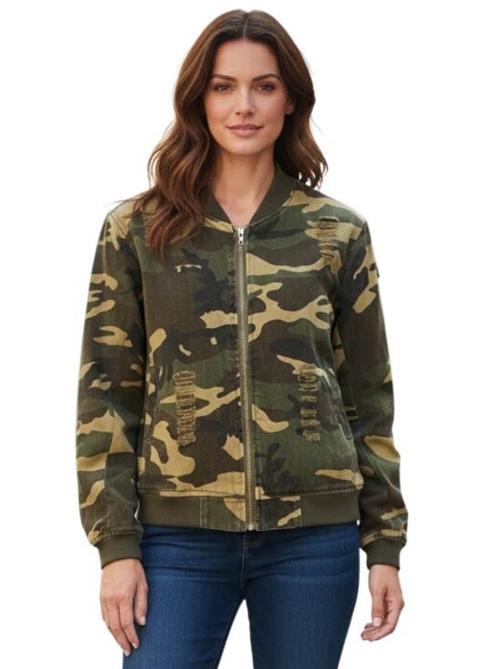 Fashion Nova Jackets & Blazers - FASHION NOVA Camo Distressed Bomber Jacket - Size XS -